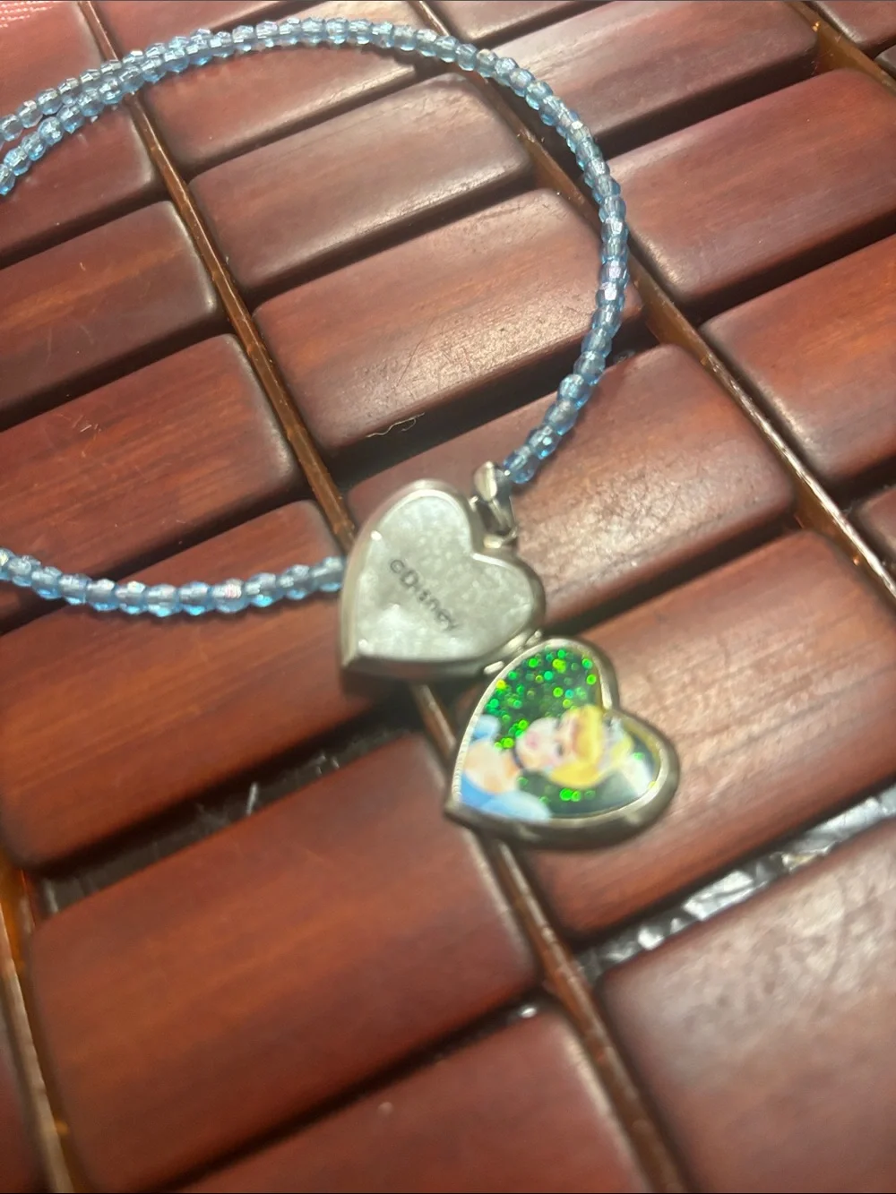 Vintage Blue Beaded kids choker with Cinderella Heart locket Charm.
